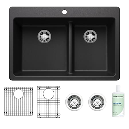 Blanco 33" Drop-In/Undermount 60/40 Double Basin SILGRANIT Kitchen Sink with Low Divide + Basket Strainer's, Sink Grid's and BlancoClean Anthracite